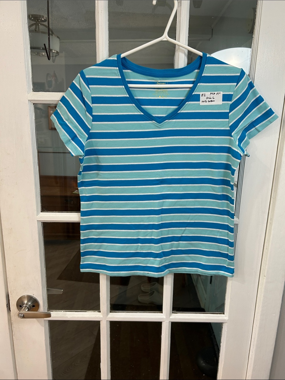 E2.   Striped V-Neck Tee in Aqua & Teal